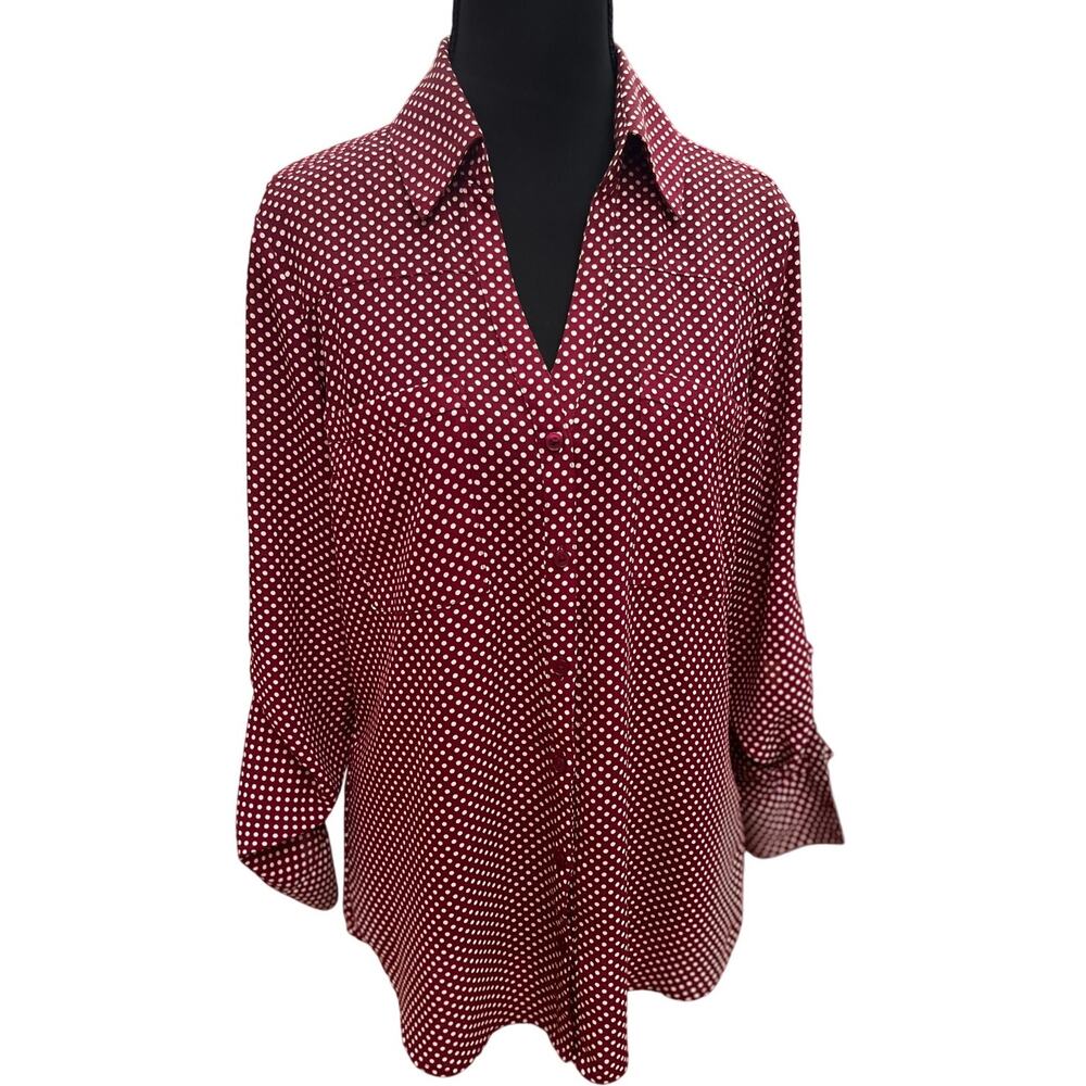 Express Polka Dot Button-Up Blouse Women’s Medium Burgundy Tie Sleeve Top Size M